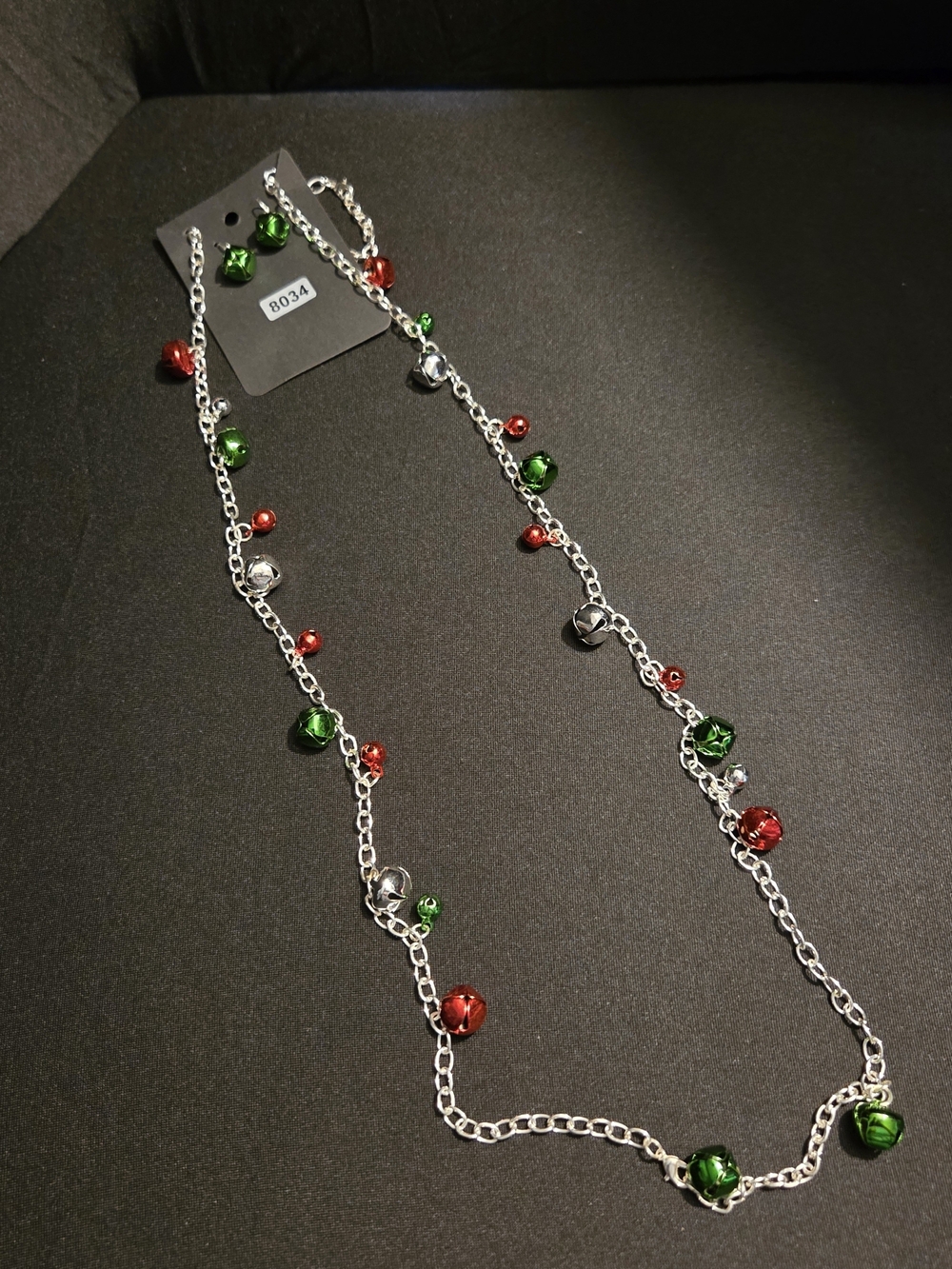 Paparazzi Silver Chain Necklace & Earrings with Red and Green Jingle Bells